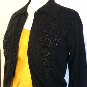 Vintage Beaded Embellished Black Wool Cardigan L